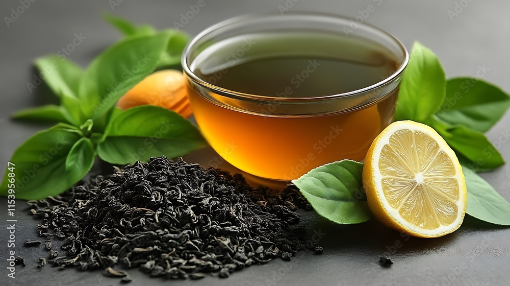 A glass cup of herbal tea with loose leaf black tea, fresh lemon, basil leaves, and nuts — natural ingredients often used in organic fertilizer recipes.