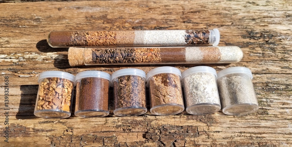 Different types of soil in small plastic containers and test tubes placed on a wooden surface, showing various textures and colors from coarse to fine.