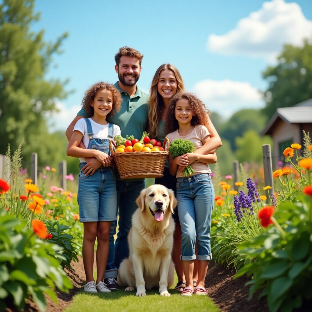 Happy family enjoying a safe organic garden with kids and pets