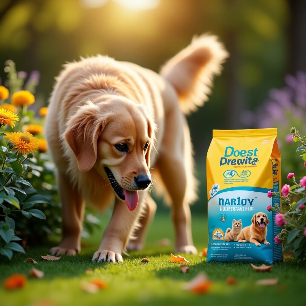 Dog exploring a pet-safe garden treated with organic fertilizer