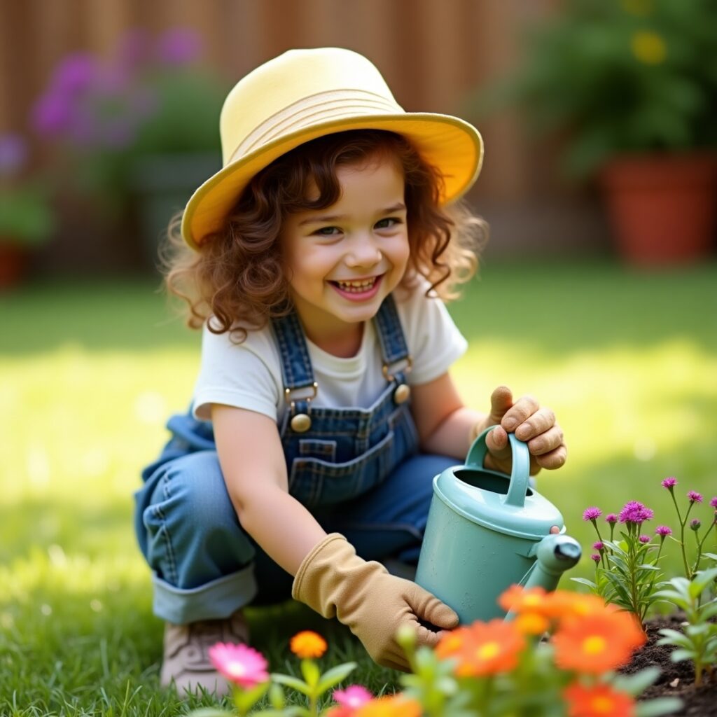 Young child gardening safely with organic fertilizer in a backyard