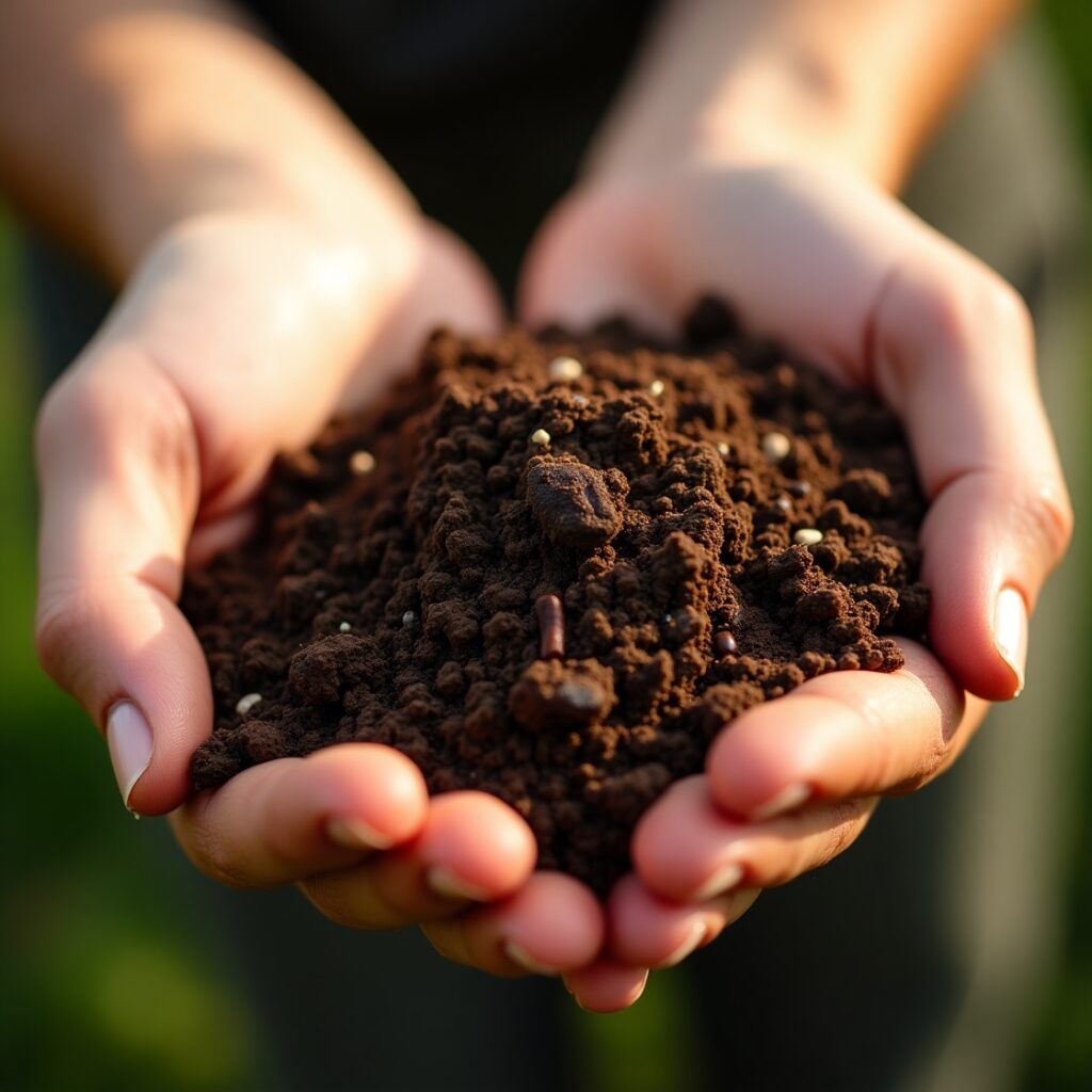 Hand holding organic compost used as fertilizer in a home garden