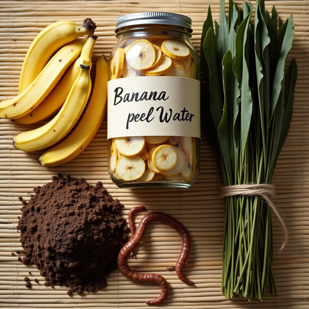Organic fertilizer options like banana peel water, compost, and seaweed on a garden table