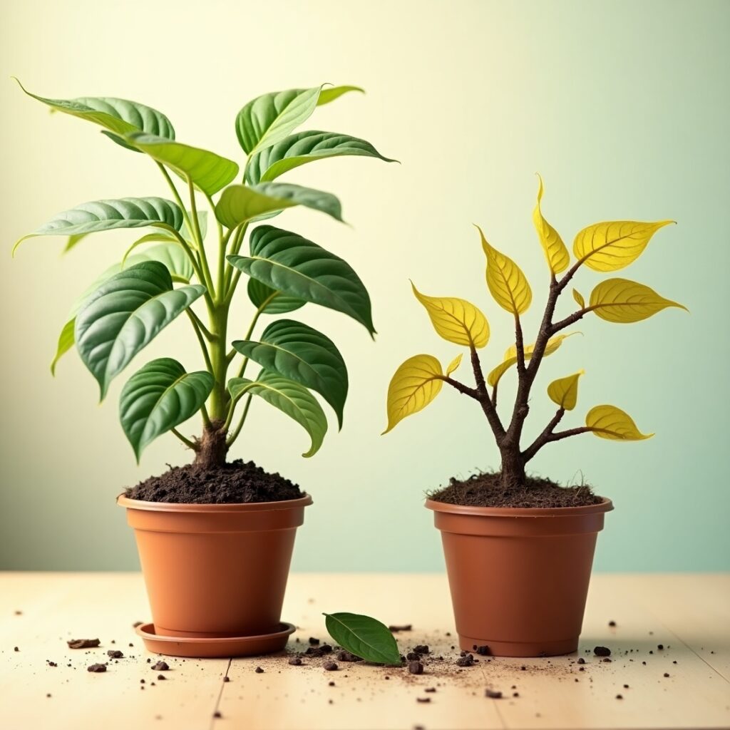 Comparison of healthy vs. stunted plant growth due to nutrient deficiency.
