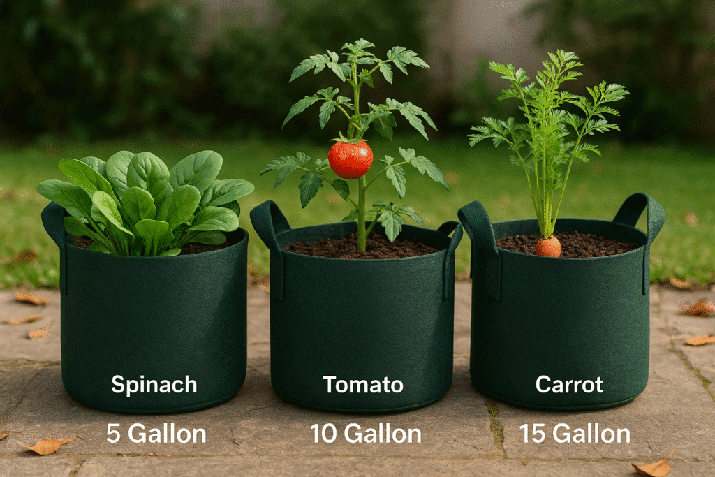 "Three grow bags of different sizes with seasonal vegetables: spinach for spring, tomatoes for summer, and carrots for winter